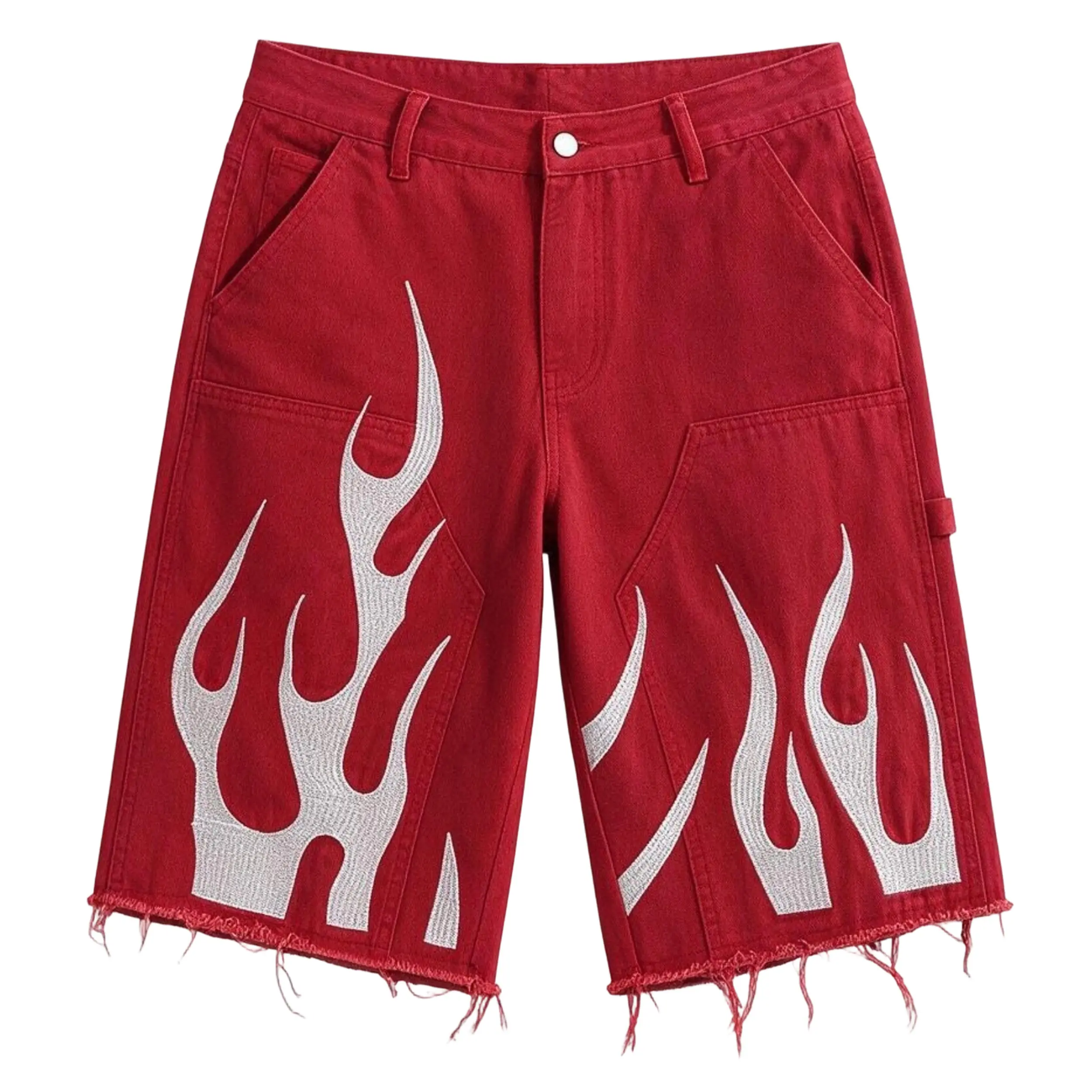 Red denim shorts, flame embroidery shorts, frayed raw hem shorts, baggy jorts, flame print shorts, y2k streetwear