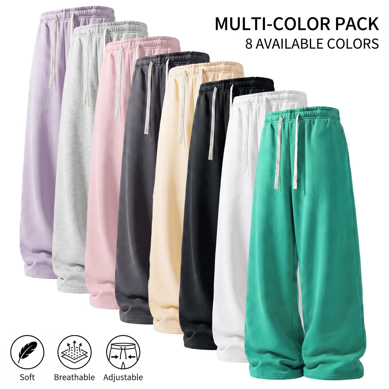 American laid-back style wide-leg athletic pants with elastic waistband, contrasting drawstring, drapey fabric, loose floor-length casual sweatpants
