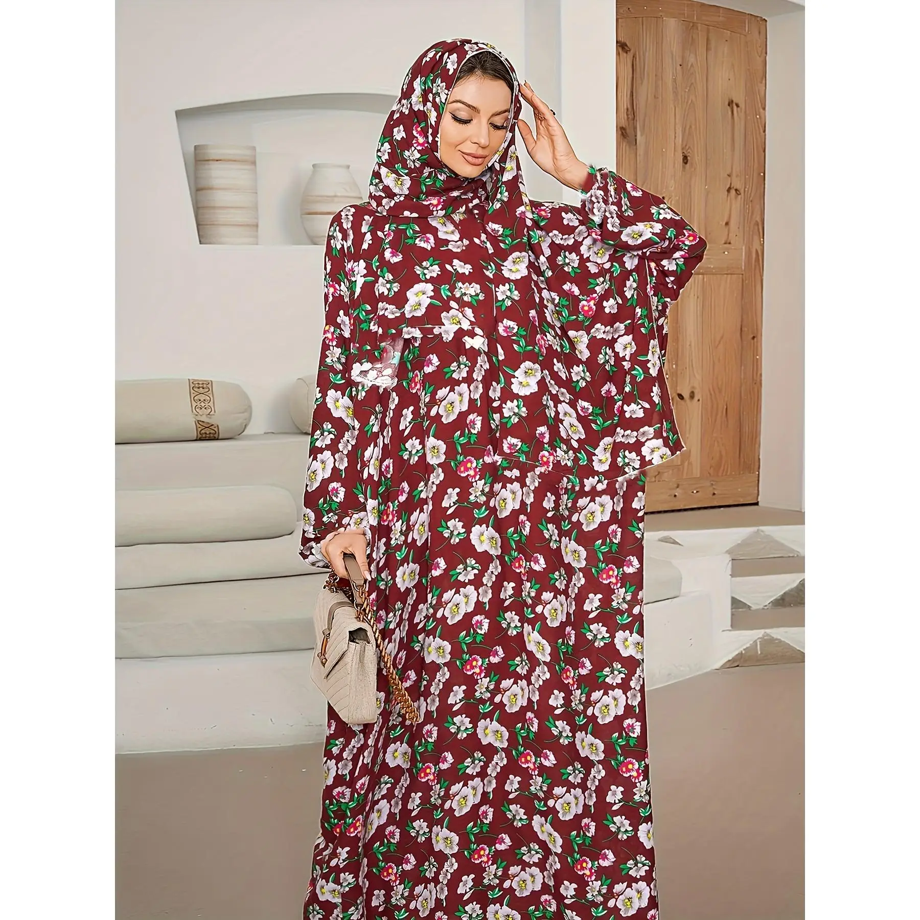 Ramadan Plus Size Floral Pattern Modest Dress, Modest Long Sleeve Dress With Hijab, Women's Plus Size Clothing