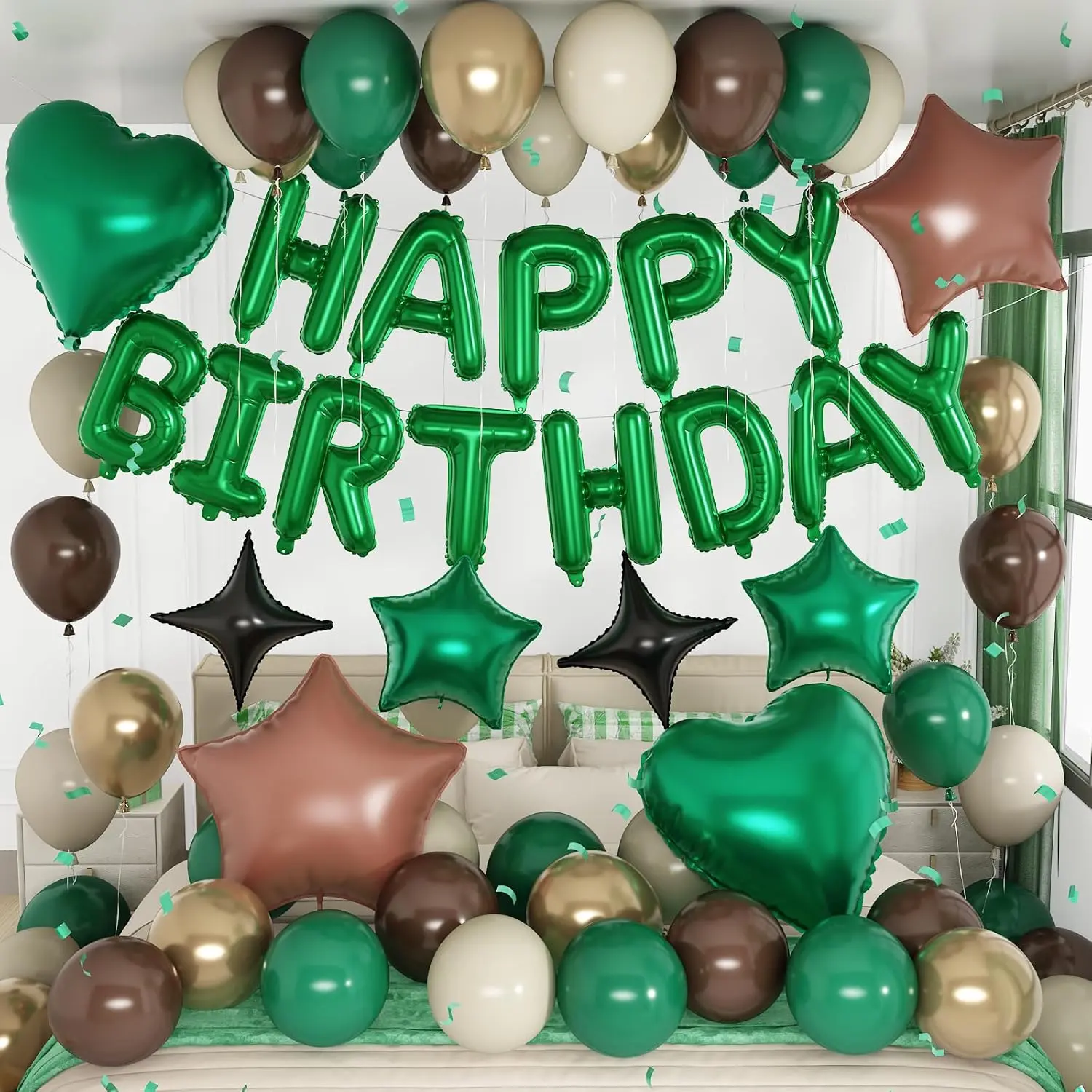 Green & Brown Birthday Decorations Safari Camo, Gold, Nude Balloons & Happy Birthday Banner
