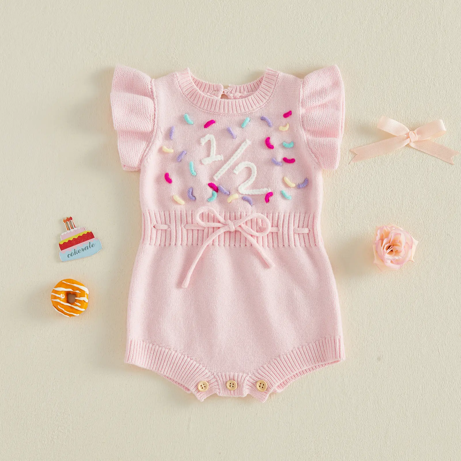 Infant Baby Girls Half Birthday Romper Letters Embroidery Flying Sleeve Knit Jumpsuit