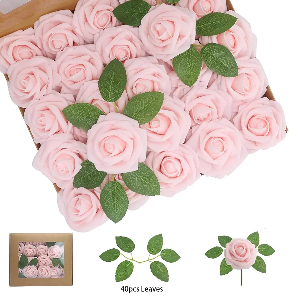 Home Decor Artificial Real-Touch Foam Roses & Leaves Set - 25 3.1-Inches Head Burgundy Roses with Adjustable Stems, 40 Leaves, Light Fade-Proof Decor for Crafters' DIY Wedding Bouquets, Home Projects