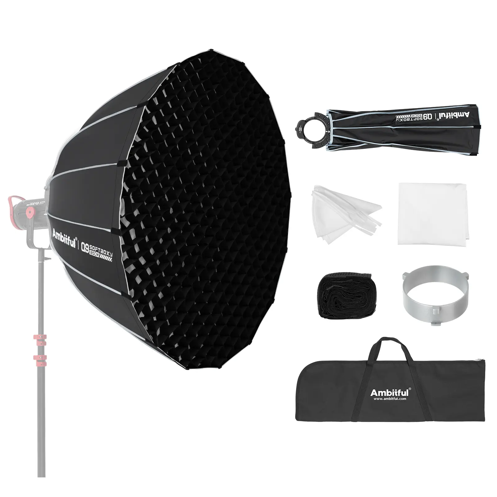 Ambitful Q9 Quick Release Softbox with Honeycomb Grid, Deep Parabolic Bowens Mount Softbox for Photography, Studio Lighting, Video Production & Content Creation