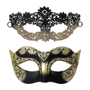 Couples Masquerade Masks Set (2 Pack) – Women’s Lace Mask + Men’s Half Face Plastic Mask, Matching Mardi Gras & Halloween Party Masks for Couples, Romantic Masquerade Ball Costume Accessories