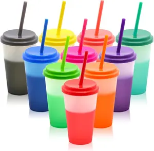 Reusable Leak ProofColor Changing Cups 10Pcs 24oz Plastic Tumblers With Lids and Straws for Iced Coffee Smoothie - Reusable Leak Proof Party Cups for Kids