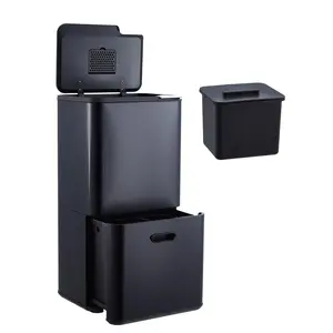 Black 3‑Compartment & Dual 16 Gal Trash Can – Stainless Steel Kitchen Recycle and Garbage Combo with Removable Inner Buckets for Home Office