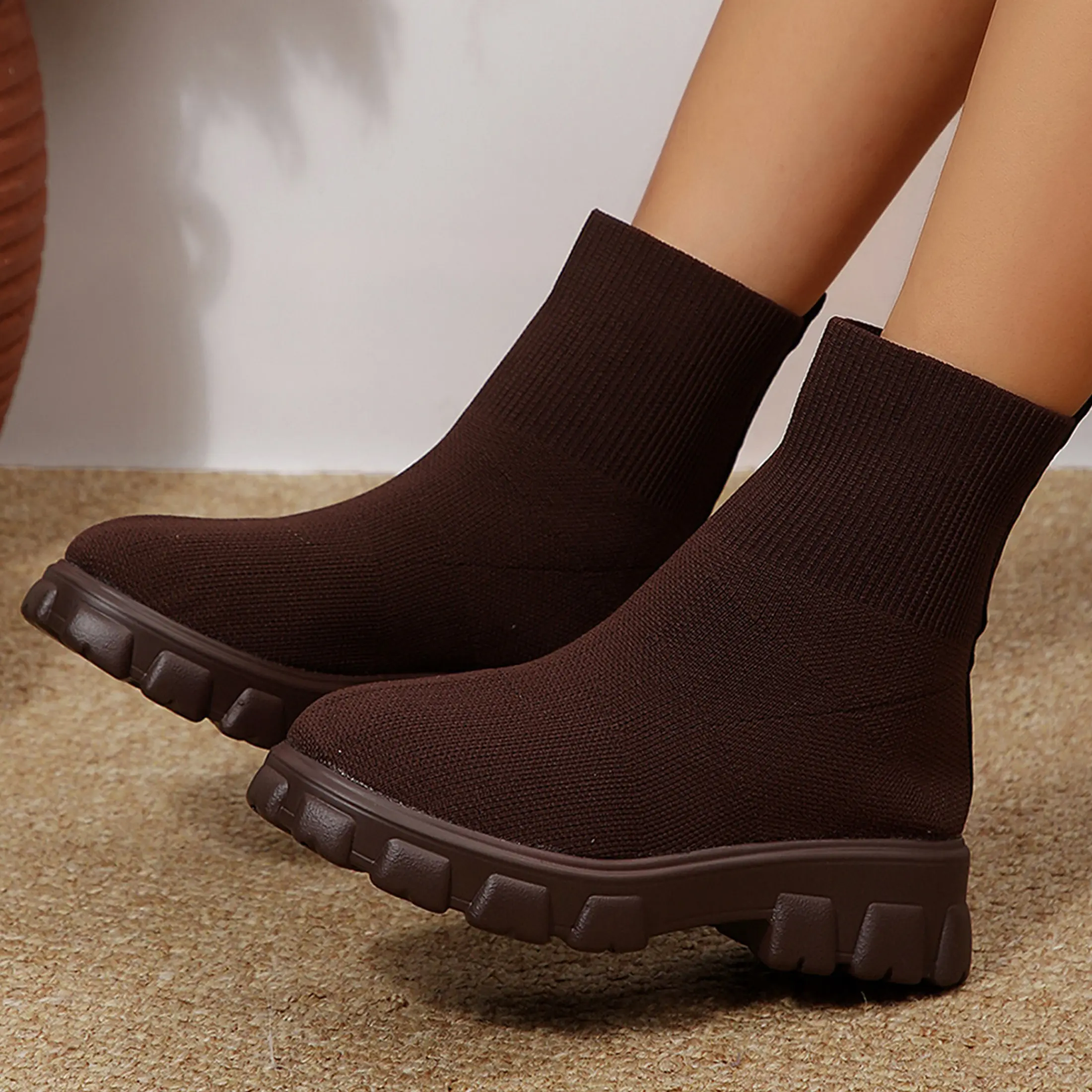 Women's Casual Chunky Sole Knit Boots Winter Warm Stretch Sock Ankle Indoor Outdoor Shoes