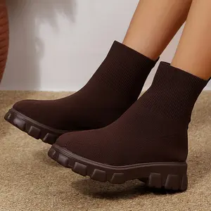 Women's Casual Chunky Sole Knit Boots Winter Warm Stretch Sock Ankle Indoor Outdoor Shoes