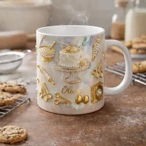 Personalized Baker Mug, Custom Name Baking Coffee Cup, Luxury Cake Decorator Mug, Pastry Lover Gift, Elegant Baking Mug