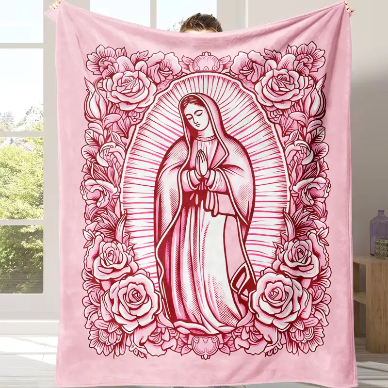 Virgen De Guadalupe Pink Rose Line Art Print Flannel Throw Blanket - Modern Ultra-Soft Cozy Setup Cover, 4-Season Applicable, Hispanic Catholic Birthday Gift for Latin Grandma Believers, Home Use