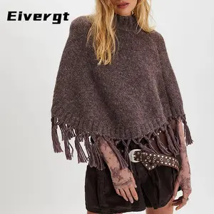 Womens Sweater Ponchos High Neck Loose Fit Solid Color Winter Tassel Capes and Shawls