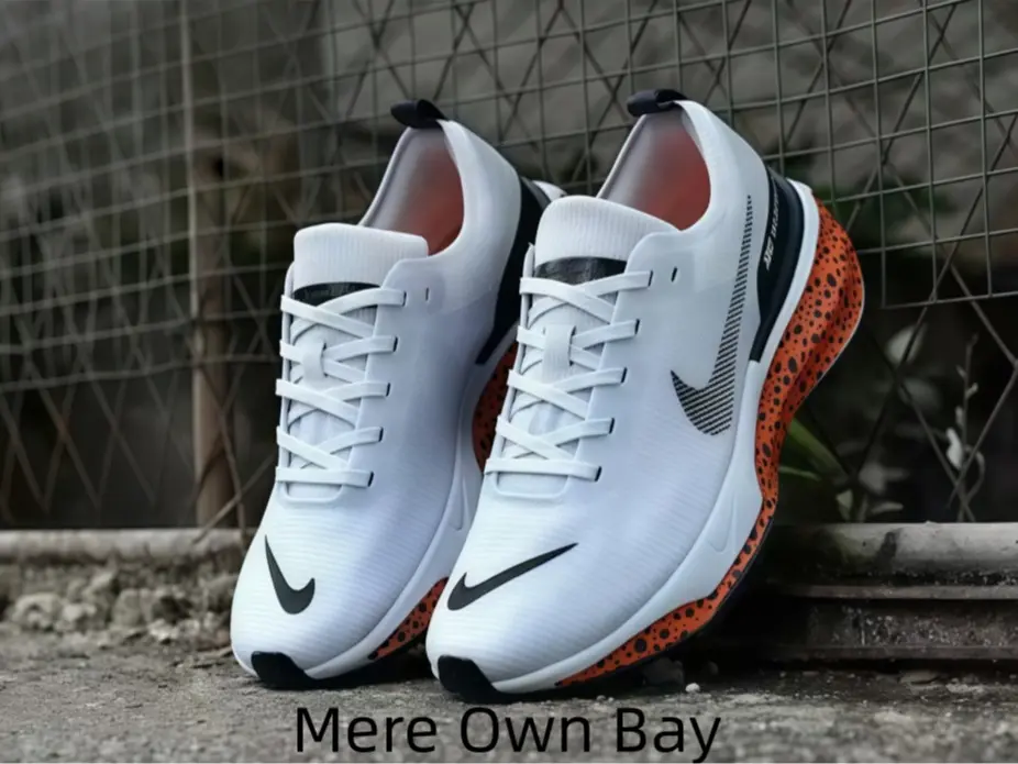 White Breathable Mesh Racing Running Sneakers, Orange Leopard Speckled Midsole Black Graphic Logo Lightweight Marathon Training Shoes For Men Women