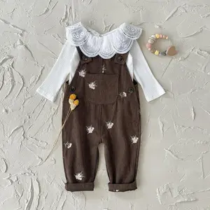 Brown Spring/Autumn Baby Outfit with Floral Embroidery, Button Design, Loose & Comfortable, Versatile Toddler Overalls Solid Color Bodysuit