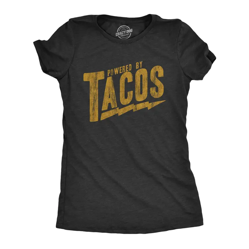 Womens Powered By Tacos T Shirt Funny Sarcastic Vintage Retro Graphic Tee for Girls Funny Womens T Shirts Cute Vintage Fashion Casual Ladies T-Shirt Gift Sarcastic Tops for Women Funny Food Top Women's Novelty Black