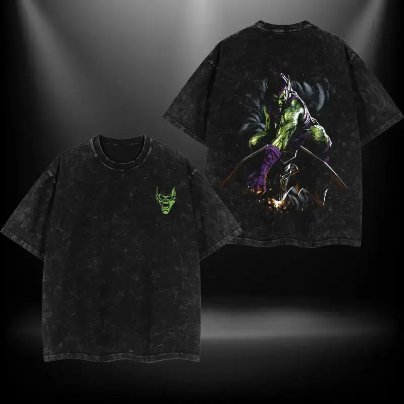 Green Goblin Vintage Washed Graphic T-Shirt, Heavyweight Cotton Oversized Seamless Tee for Men and Women, Classic Comic Movie Fan Apparel, Retro Y2K Streetwear Top, Custom Designer Clothing, Trendy Dark Villain Shirts Collector Gift Merch Vintage Tees
