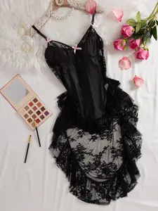Sexy Lace Satin Baby Dress, Bow Detail Asymmetrical Ruffle Underwear Women, Bedroom Pajamas, Nightwear, Spaghetti Strap Nightgown, Mother's Day Gift, Elegance