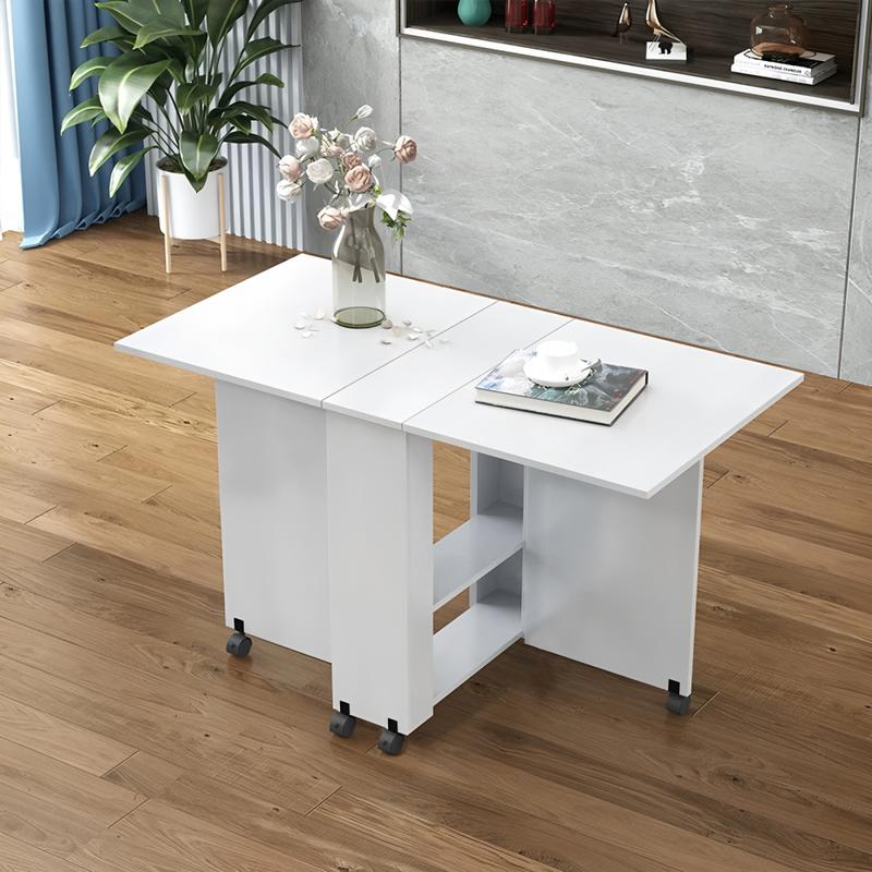 Folding Drop Leaf Dining Table with 6 Wheels and 2-Layer Storage Shelf, Space Saving Table for Small Spaces, 47.2 inch D x 23.6 inch W x 30.3 inch H, White