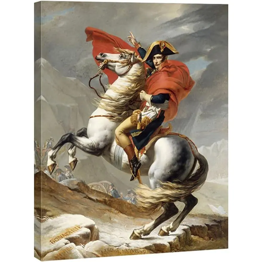 Wieco Art Classic Jacques-Louis David's Napoleon Crossing The Alps HD Print Oil Painting Reproduction, High Detail Real Wood-Framed Wall Decoration for Home, Office