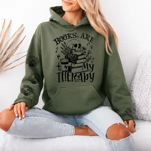 Books are my Therapy Gildan hooded Sweatshirt with Sleeve design unisex sizing womenswear comfortable soft Casual Pullover Tops Fabric Pocket Mint Green Green Spandex Cotton Fit