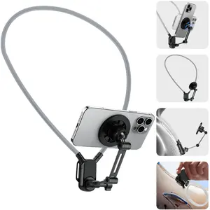 Magnetic & Clip-on Phone Neck Holder, Neck Cell Phone Holder POV/Vlog Selfie Mount Hand Free Phone Neck Holder Chest Stand Strap Video Recording for iPhone 17 16 15 14 13 12 Seires Android Phones