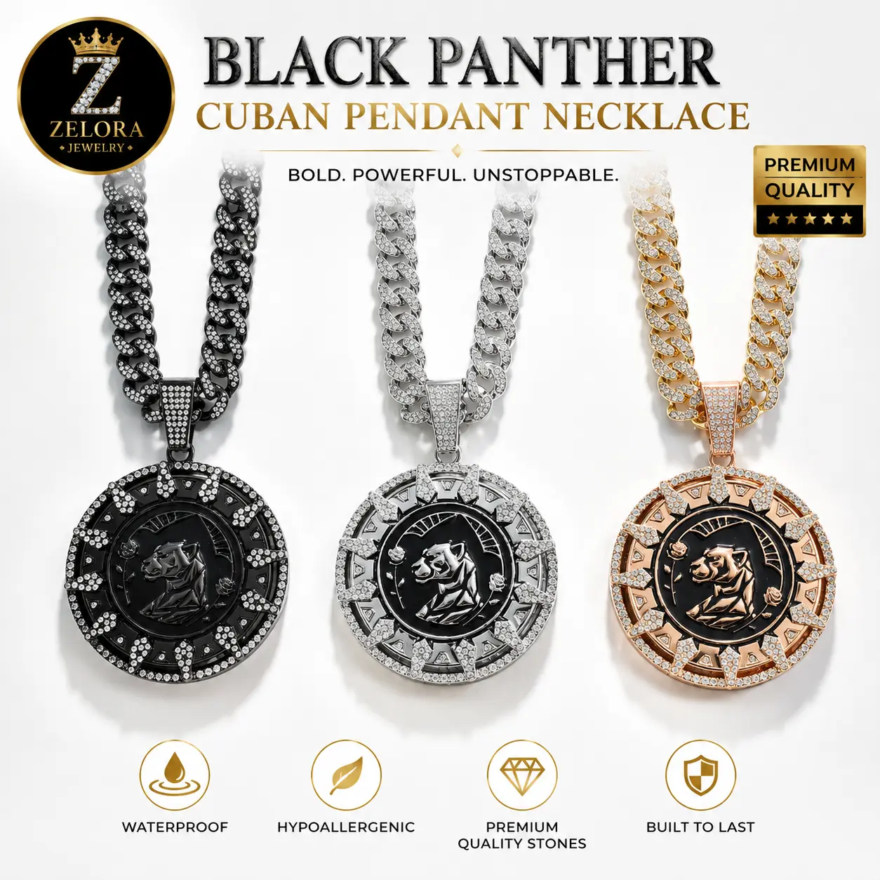 Viral Black Panther Pendant Necklace, 24in Cuban Link Chain for Men, Tarnish-Free Stainless Steel Metal Coated Hip Hop Jewelry, Bold Animal Charm Statement Accessory, No Tarnish Unisex Gift for Daily Wear, Includes Pendant birthstones letter square, Gift,