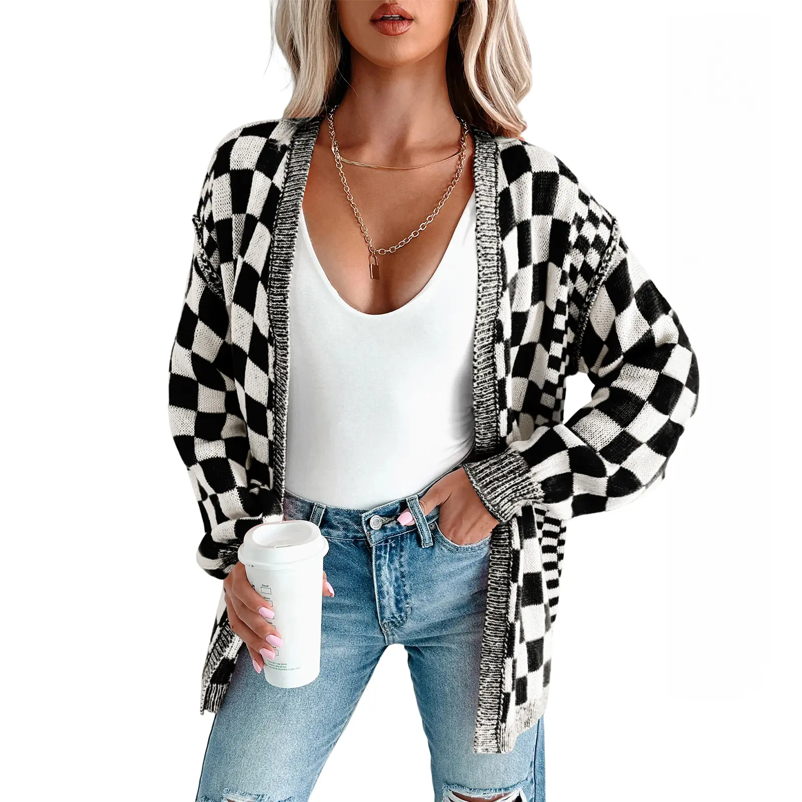 Hotapei Women Checkered Open Front Cardigan Drop Shoulder Loose Knit Outerwear Trendy Casual Daily Layering Sweater Coat For Ladies