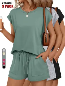 Women's Crew Neck Two-Piece Shorts Set, Cap Sleeve Adjustable Drawstring Design, Summer Sweatshirt & Pant, Comfortable Daily Wear