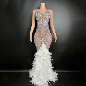 Sparkling Rhinestones Pearl floor-length feather Elegant and party dress