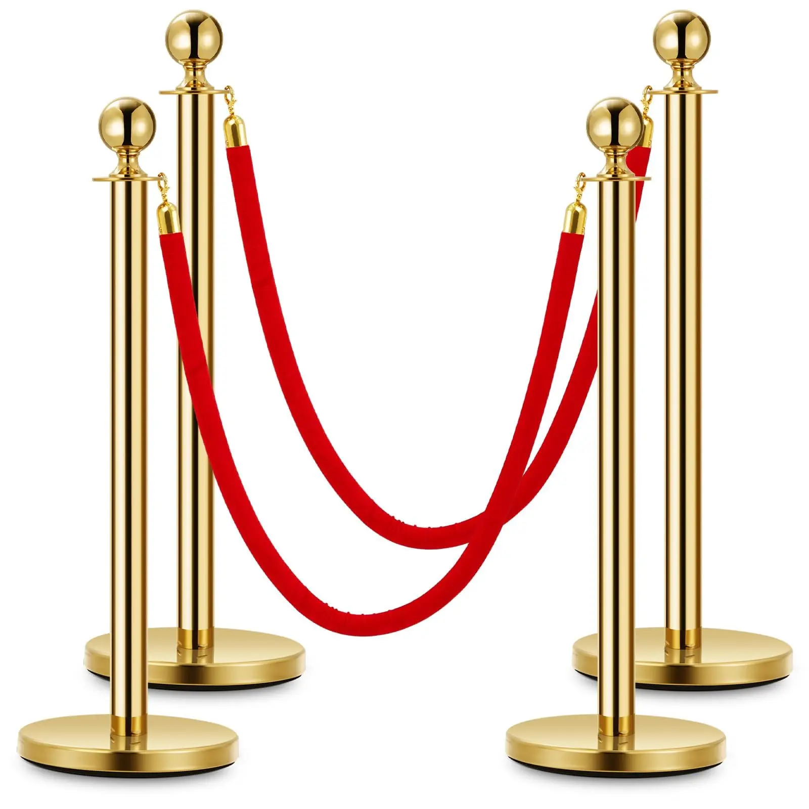 GARVEE 4 PCs Gold Stanchion Posts with 5ft Red Velvet Ropes, Stainless Steel Retractable Barrier Set for Crowd Control at Events, Parties, Theaters, Museums (4 Posts & 2 Ropes)