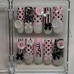 Pink Black Lace Coquette Press Ons | Custom Name Doll Polka Dot Bow Button Nails | Handmade Kawaii - Gift for her