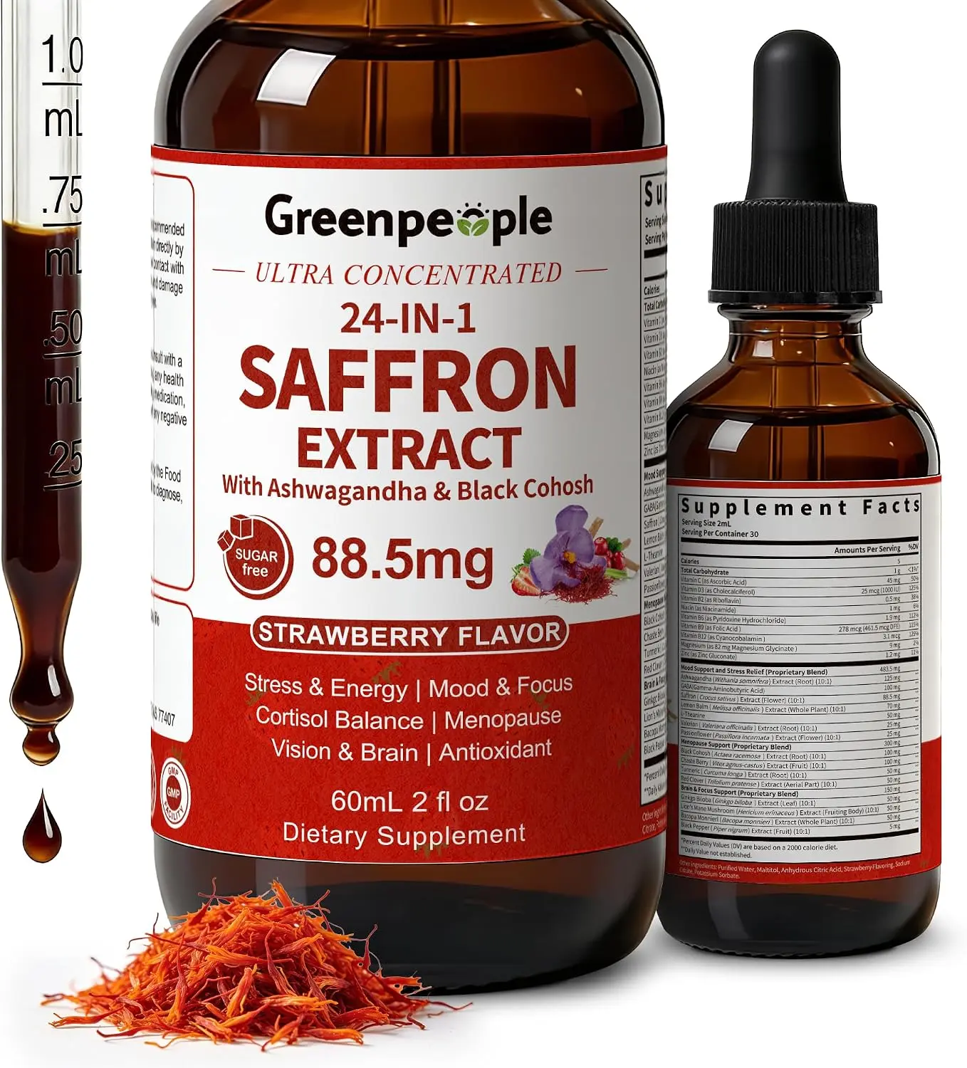 Saffron Extract Supplements Drop - 24-in-1 88.5mg Saffron Extract with Ashwagandha,Black Cohosh & Lion's Mane for Mood&Focus,Stress Relief,Cortisol Reducer,Menopause – Vegan 2FL OZ