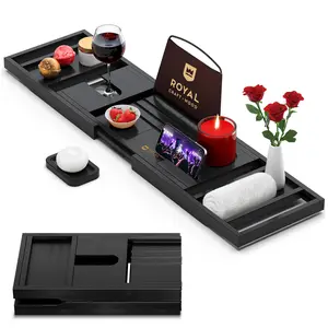 Bathtub Caddy Tray with Free Soap Dish, Luxury Wooden Bamboo Bath Tray with Extending Sides, Silicone Grips, Bathroom Accessories - Royal Craft Wood