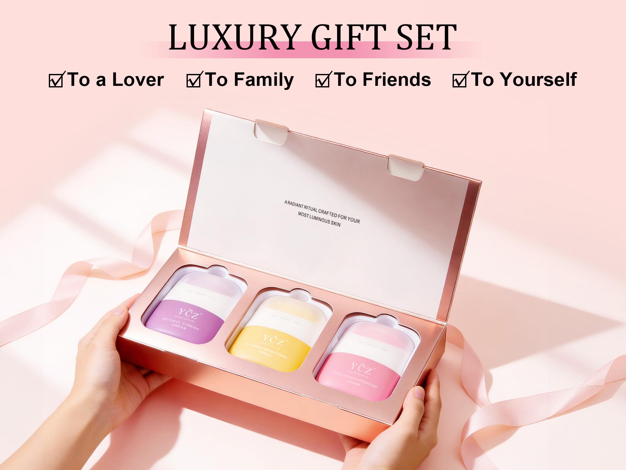 YCZ Essential Facial Care Trio – Retinol, Hyaluronic Acid & Vitamin C Cream Set with Built-In Massager for Face & Neck Firming, Brightening & Hydrating