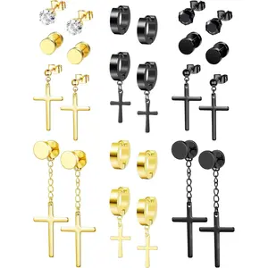 12 Pairs Stainless Steel Cross Dangle Earrings Set for Men Hinged Hoop Earrings Punk Huggie CZ Stud Earrings Gold Black