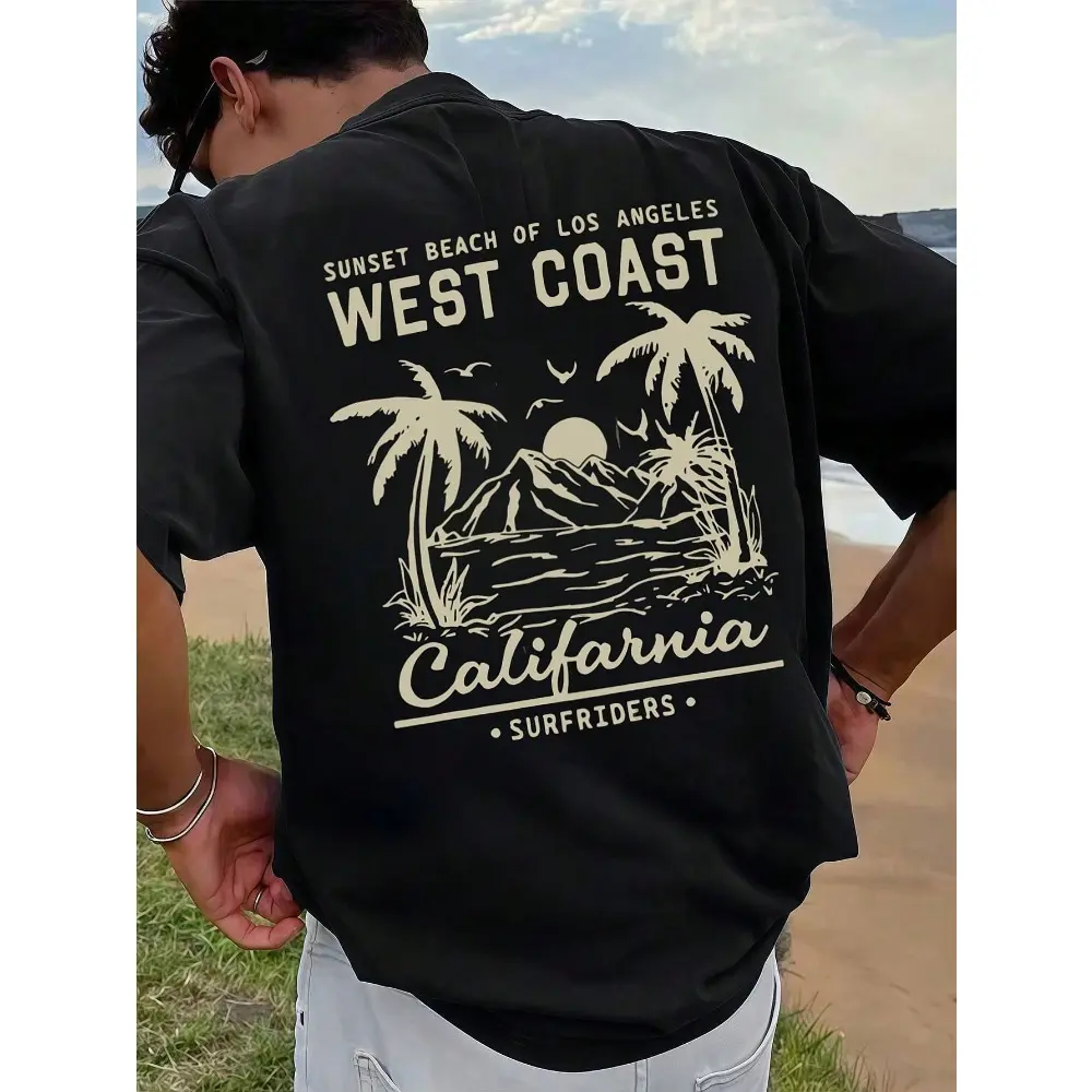 West Coast California Graphic T-Shirt, Sunset Beach Palm Tree Surf Print Tee, Vintage Black Cotton Streetwear, Casual Summer Outfit for Beach Travel Daily Wear, Unisex Oversized Tee, Perfect Gift for Friends & Family