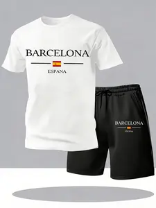 Men's 2 Piece Outfits, Barcelona Espana Print Short Sleeve T-Shirt and Shorts Set, Summer Casual Tracksuit for Gym, Running, Workout, Daily Wear