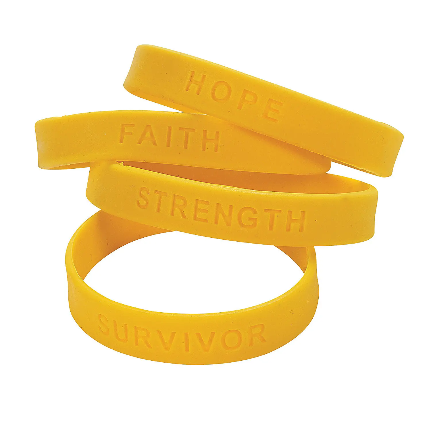 7.25in Circumference Rubber Yellow Awareness Ribbon Bracelet Jewelry Kit - 24-Piece Imprinted Inspirational Words Daily Costume Bangles, Engraved Inscription Bracelets & Bangles, Awareness Walks, Fundraisers, Bangles Bracelets Set