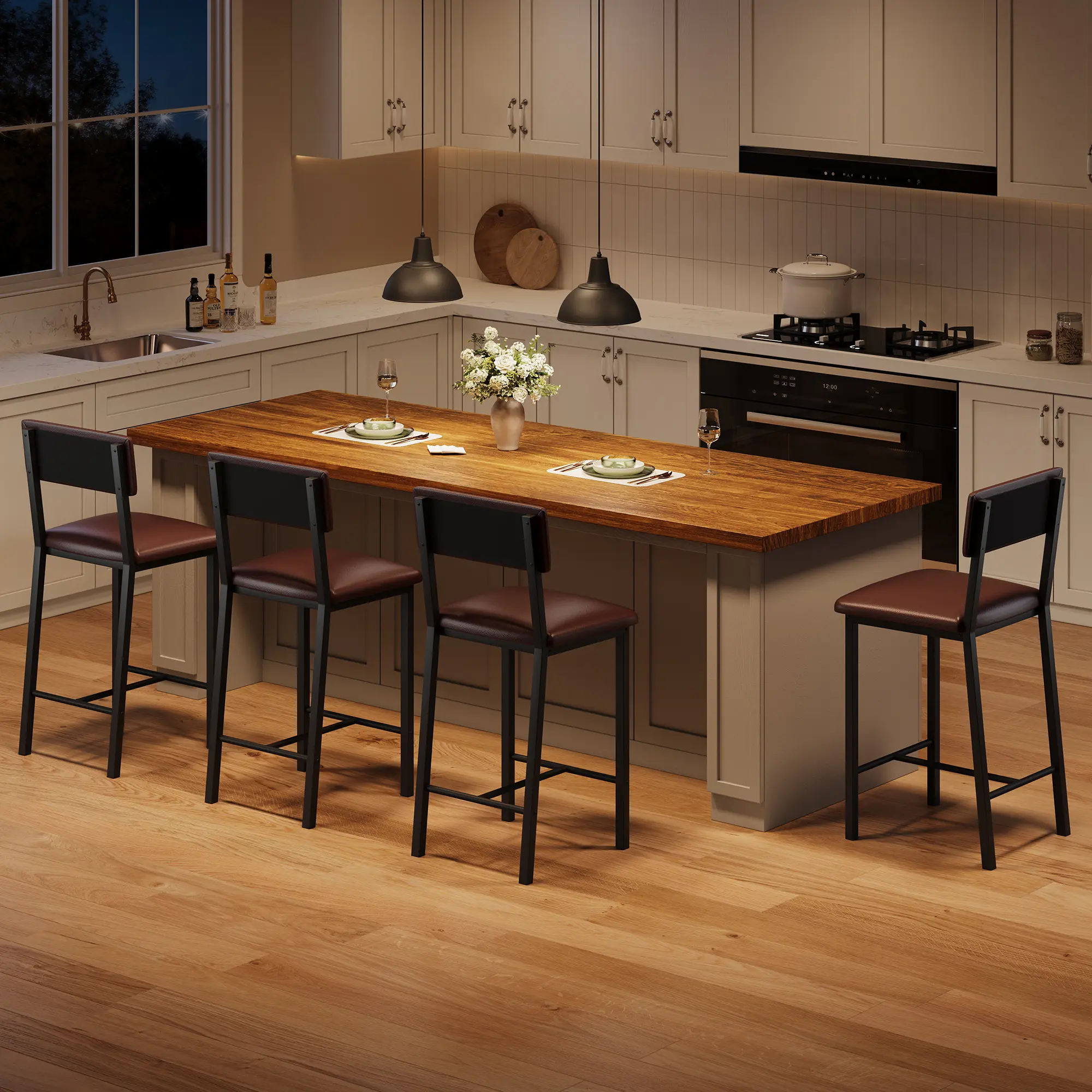 Bar Stools Set of 4, Counter Stools with Back and Thickened Metal Legs, Upholstered PU Leather Counter Height Barstools for Kitchen Island