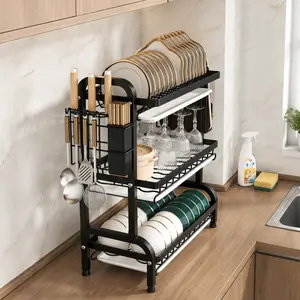 3-Tier Over Sink Heavy Duty Stainless Steel Dish Drying Rack, Rustproof Extra-Large Capacity Non-Slip Kitchen Counter Organizer, Removable Drainboard With Utensil Knife Cup Cutting Board Holder,  dish drying racks