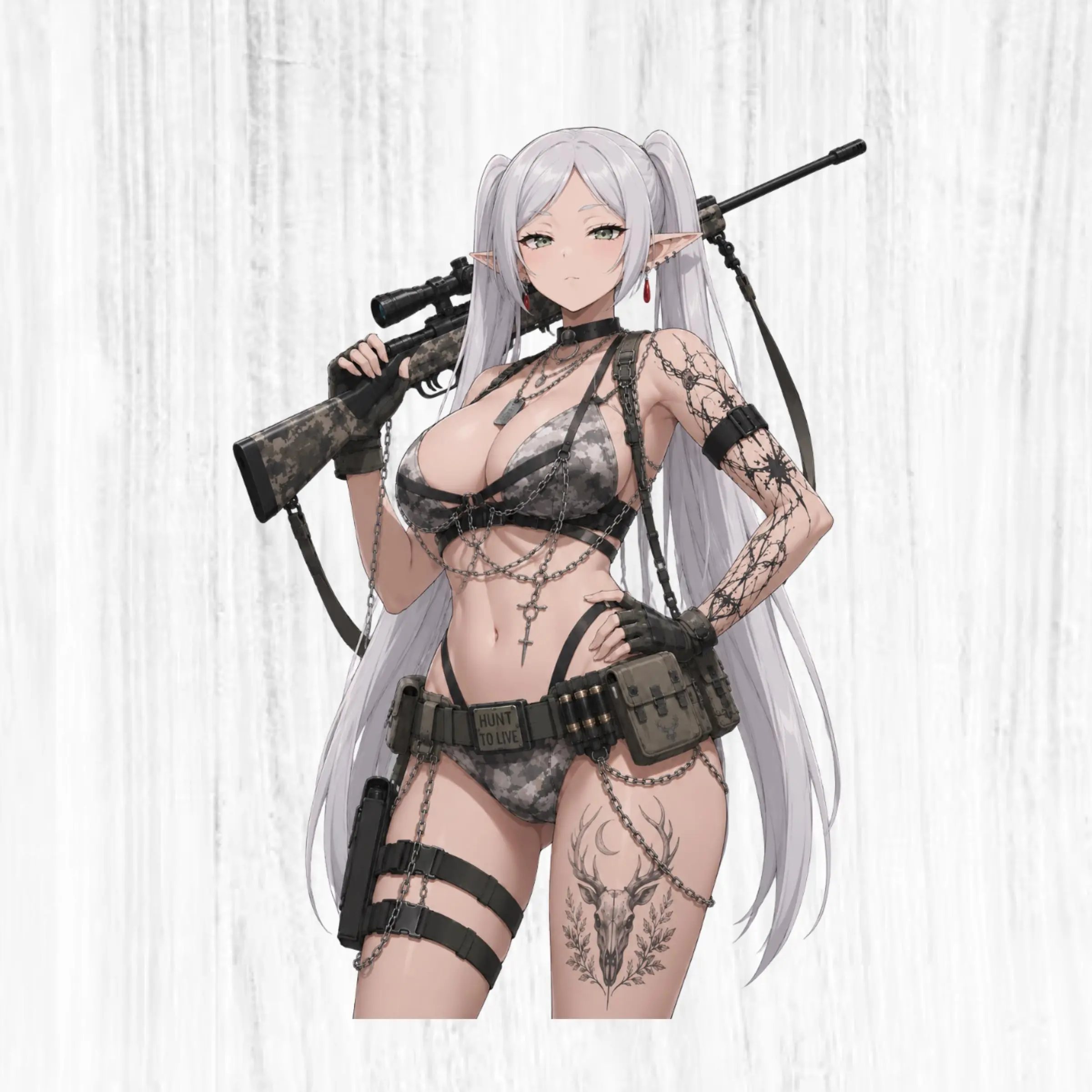 Silver Twin Tail Elf Hunter Sticker, Tactical Camo Anime Vinyl Decal, Fantasy Outdoor Art for Laptop Tumbler Water Bottle Car