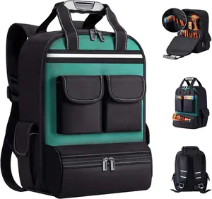 Tool Backpack for Men 18 Inch Heavy Duty  Multiple Pockets Bag Organizer with  for Electrician Mechanics HVAC Engineer Green