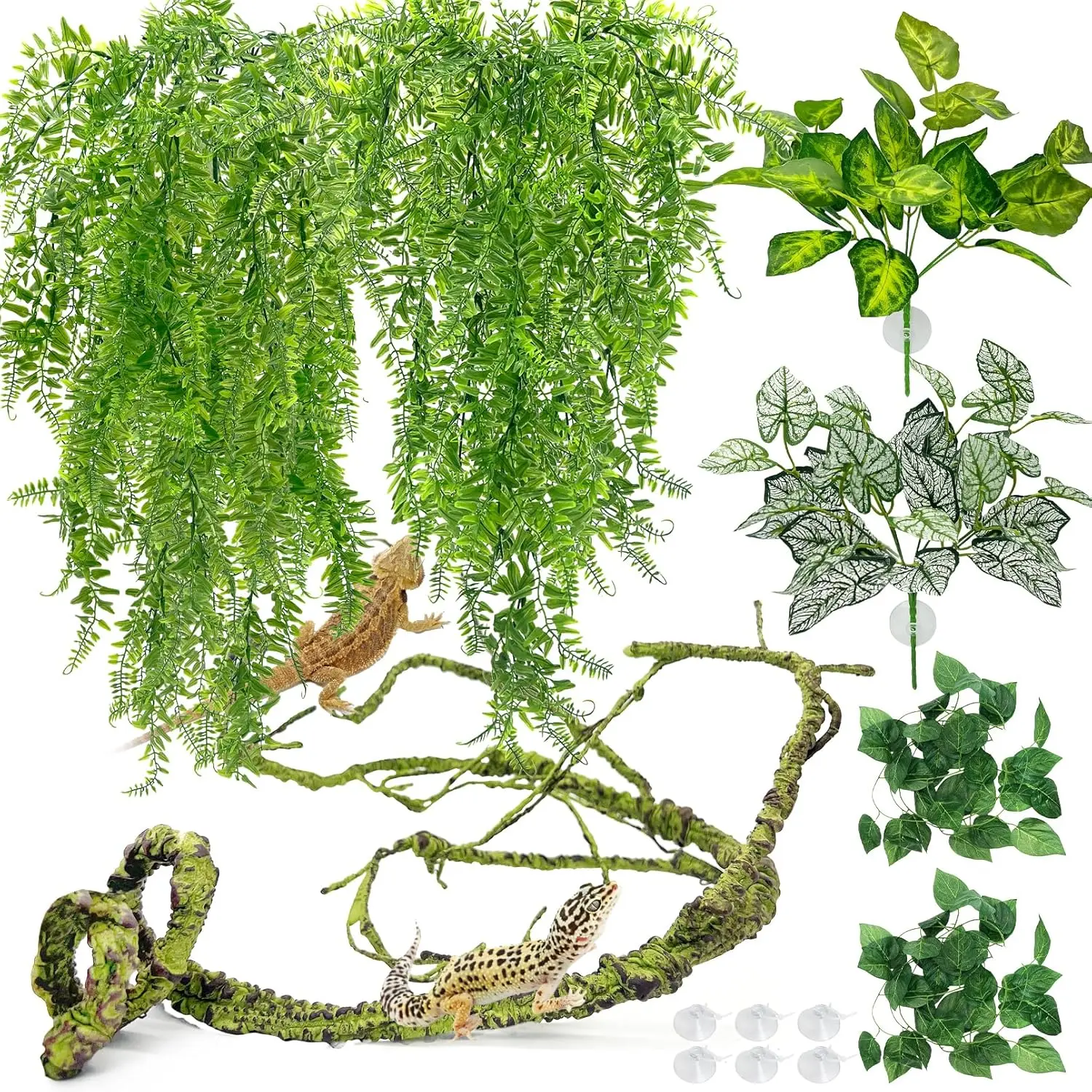 7 count Reptile  Bendable Climbing Vines Terrarium  Artificial Leaves, Bearded Dragon  Accessories, Habitat Decor for Snake Leopard Gecko Lizard Chameleon