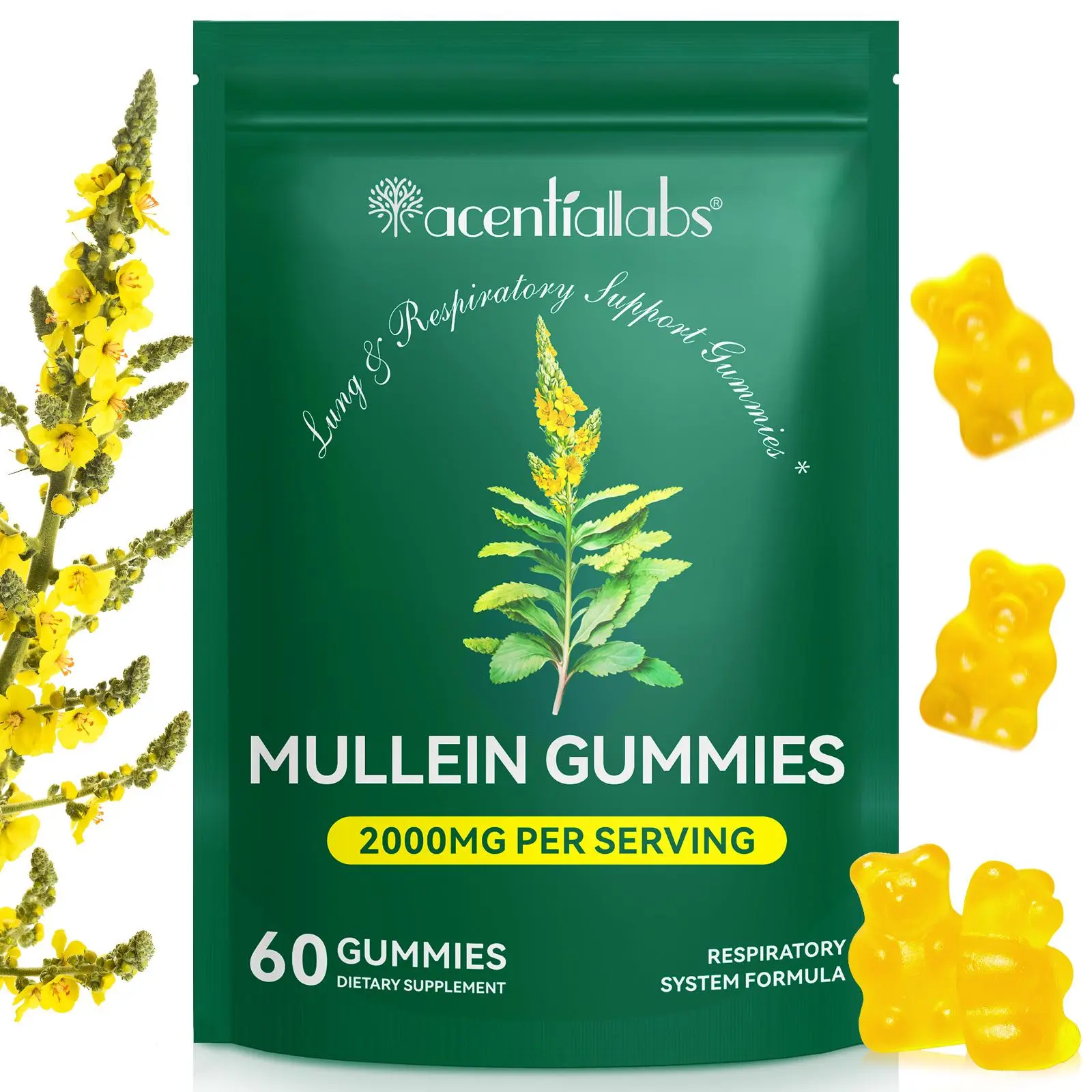 Acentiallabs 9-in-1 Sugar-Free Mullein Gummies, Edible Herbal Respiratory Health Supplement with Mullein Leaf Extract, Quercetin, Bromelain, Elderberry, Marshmallow for Lung Support & Cleanse, Herbal Supplement
