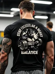 Vintage Gym Gorilla Print T-Shirt, Men's Athletic Muscle-Fit Short Sleeve Top, Versatile Athleisure Tee for Streetwear, Light Outdoor Activities & Daily Casual Wear, Bodybuilding Fitness Tee, Active Tops
