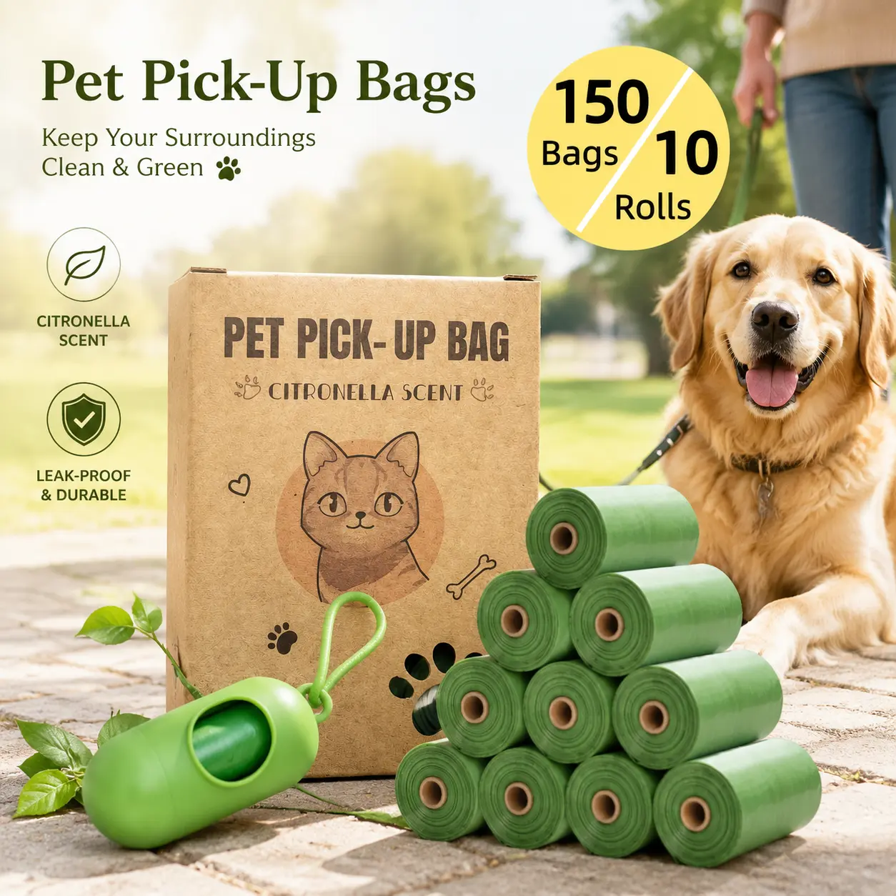 Eco-Biodegradable Dog Poop Bags, 10 Roll Refills (150 Count) with Dispensers, Thick, Tough, Leak-Proof, Easy-Tear, Mess-Free for Daily Walks (Fits Standard Dispensers, Handles All Messes)