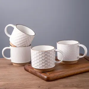 12OZ Stackable Coffee Mugs, Ceramic Coffee Mugs with Texture Patterns for Man,Woman,Dad,Mom, Modern Coffee Mugs Set of 4 for Latte/Cappuccino/Cocoa. Dishwasher&Microwave Safe,