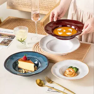 9 Inch Vintage Crackle Glazed Ceramic Plate, Country Style Blue Creamy Round Textured Edge Steak Plate, Western Dinnerware