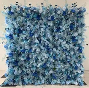 Olina Xue Blue Rose and Pampas Floral Wall 8'X8' Fabric Flower Wall from Shandong China for Decorative Use Without Stand