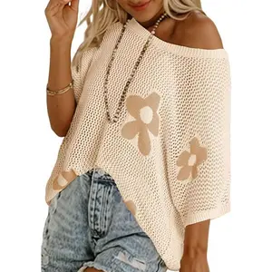 Women's Floral Summer Tops 2026 – Short Sleeve Crochet Sweater, Lightweight Knit Swimsuit Cover Up Pullover for Beach