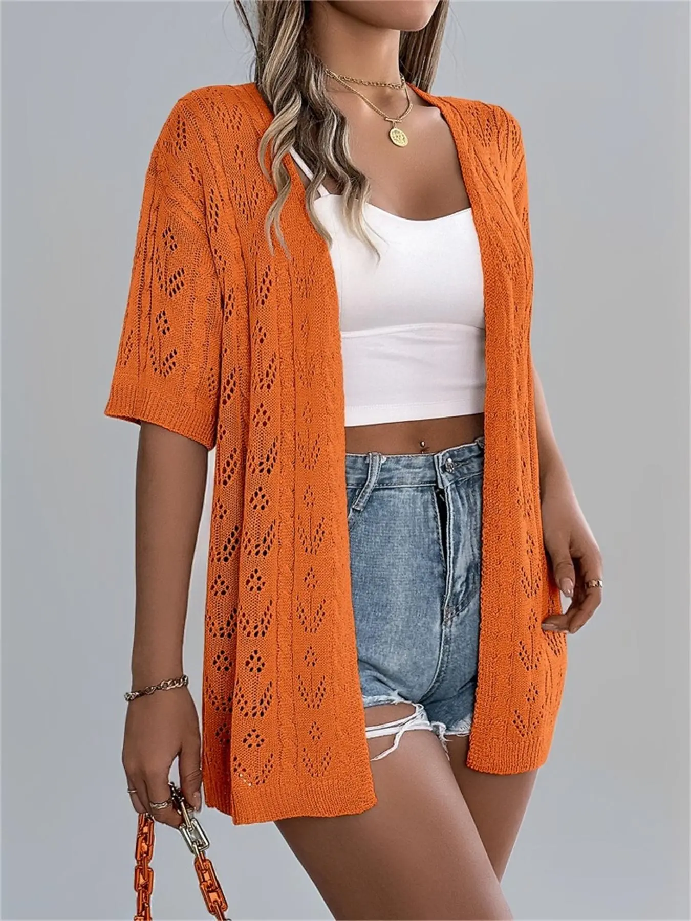 Women's Plain Fabric Hollow Out Open Front Cardigan without Bottom, Casual Basic Fitted Half Sleeve Knitting Knitwear for All Seasons, Summer, Fashion Women's Knit Clothing for Daily Wear, Womenswear, Casual Cardigan Top, Aesthetic Casual Knitwear